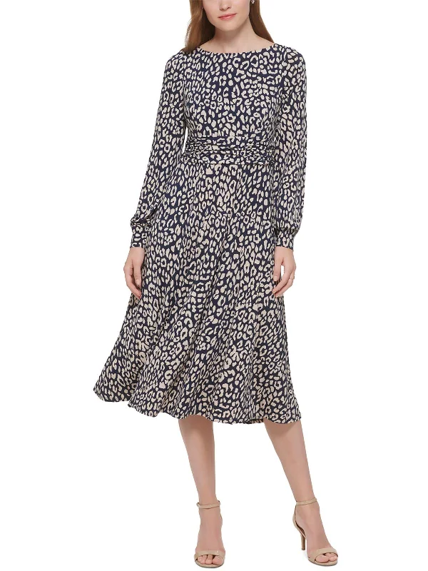 Can't Miss Womens Leopard Print Ruched Midi Dress