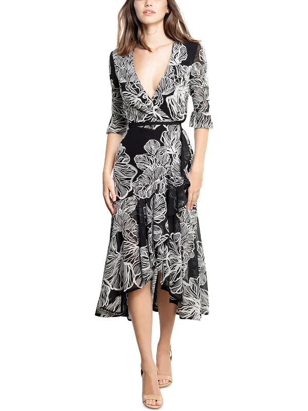 Online Only Ophelia Womens Embroidered Midi Wrap Dress