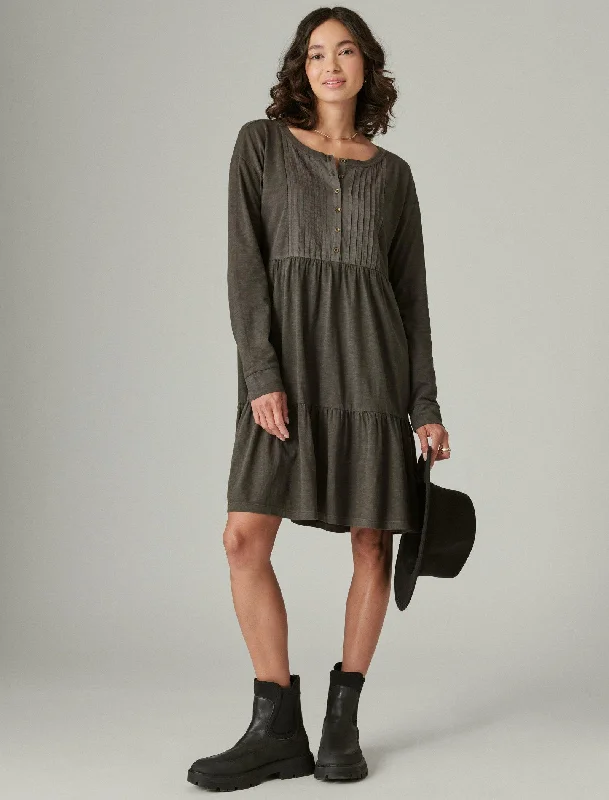 Limited Availability Lucky Brand Women's Pintuck Tiered Knit Henley Dress