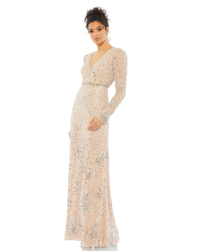 Factory Direct Sale Sequined Floral Embellihsed Long Sleeve Gown