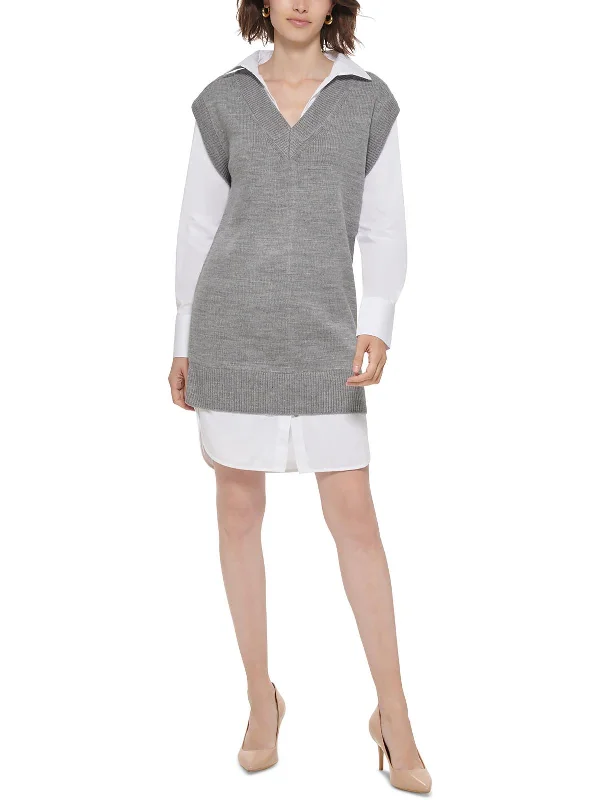 Bonus Savings Petites Womens Layered Look Mini Sweaterdress