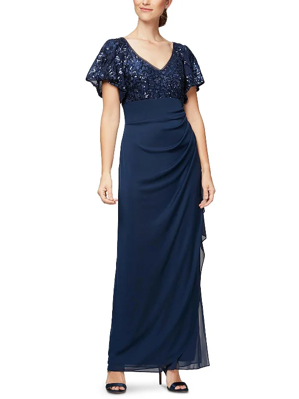 Midnight Madness Petites Womens Embroidered Maxi Evening Dress