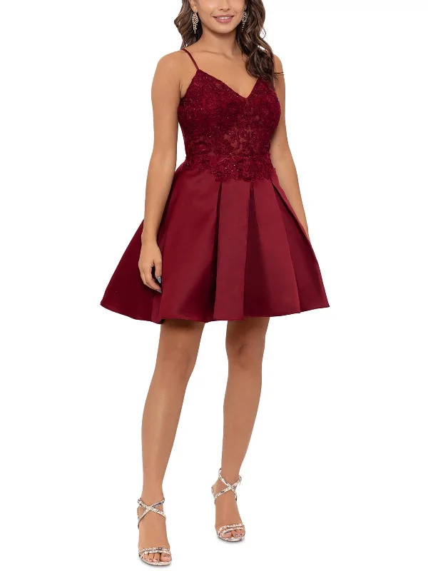 Limited Edition Juniors Womens Satin Embroidered Mini Dress