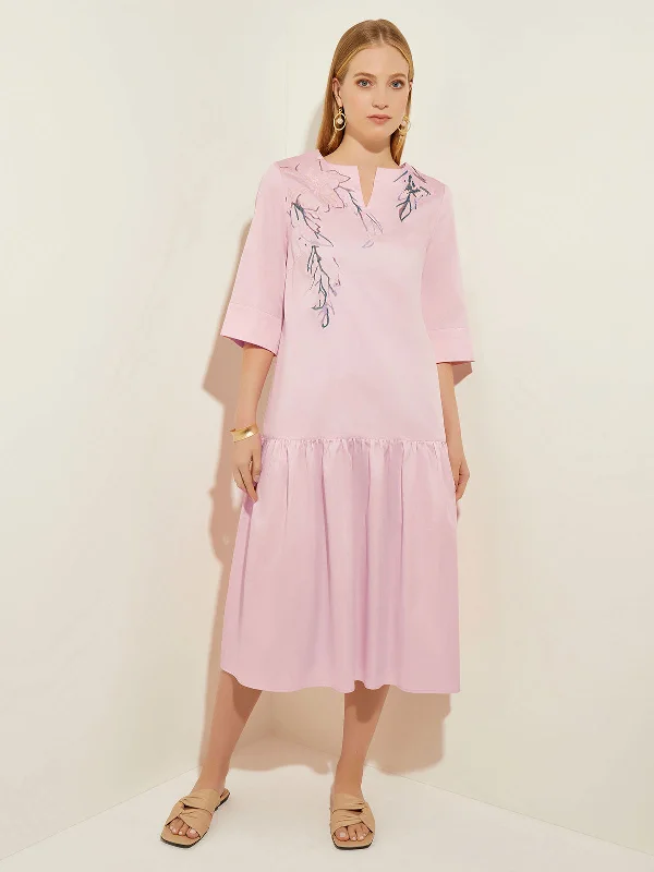Quick Sale Drop Waist Embroidered Cotton Poplin Dress