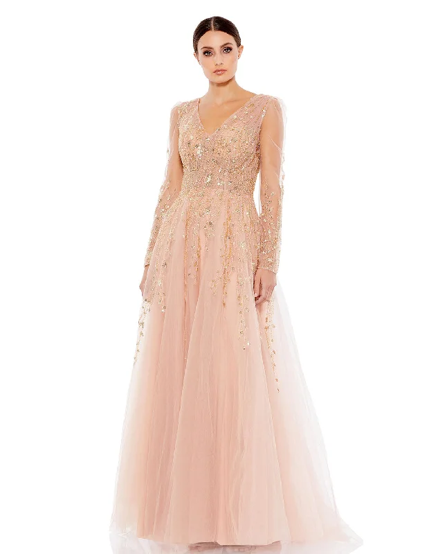 Warehouse Sale Embellished V Neck Long Sleeve A Line Gown