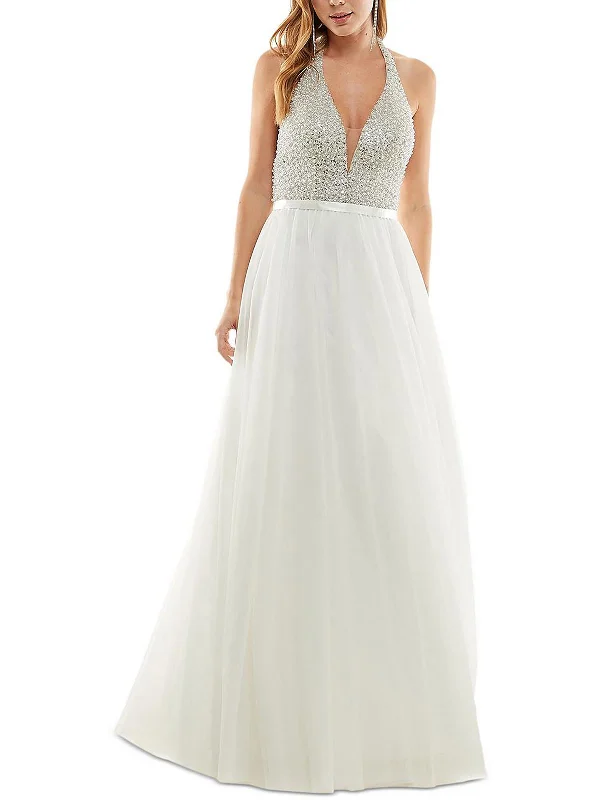 Deal Dash Juniors Womens Beaded Halter Evening Dress
