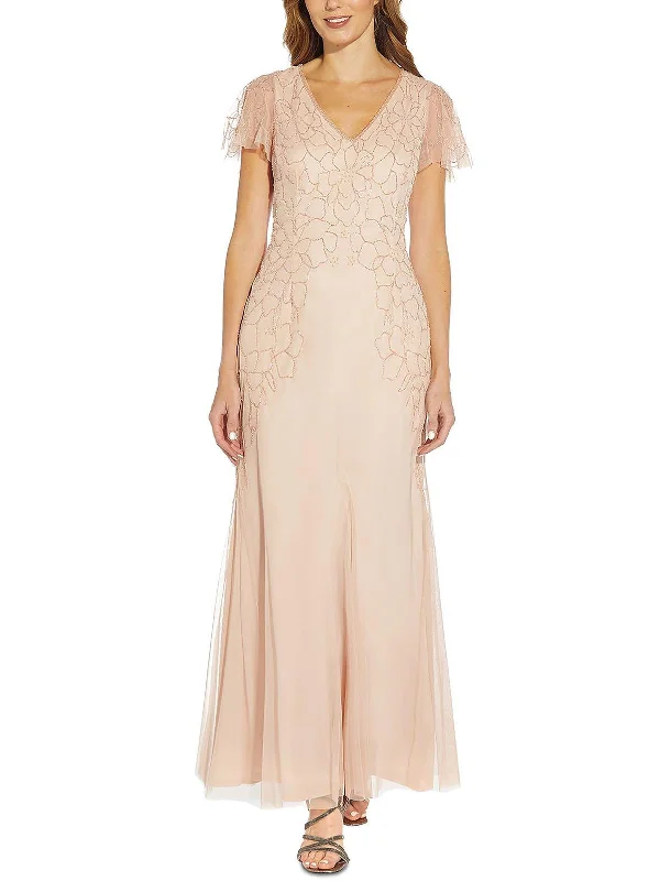 Bargain Prices Petites Womens Beaded V-Neck Evening Dress