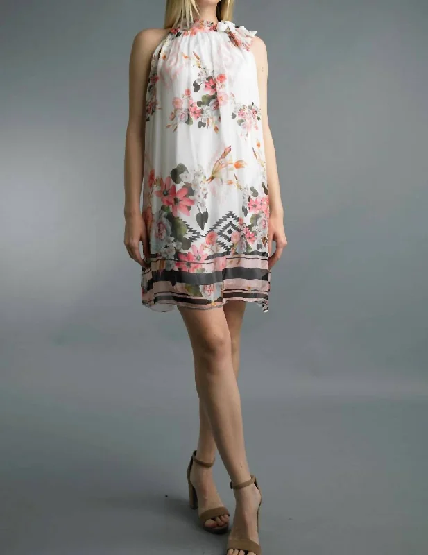 Crazy Savings Floral Print Silk Dress With Neck Tie In White Multi