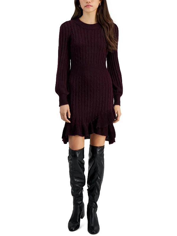 Special Price Petites Womens Cable Knit Ruffled Sweaterdress