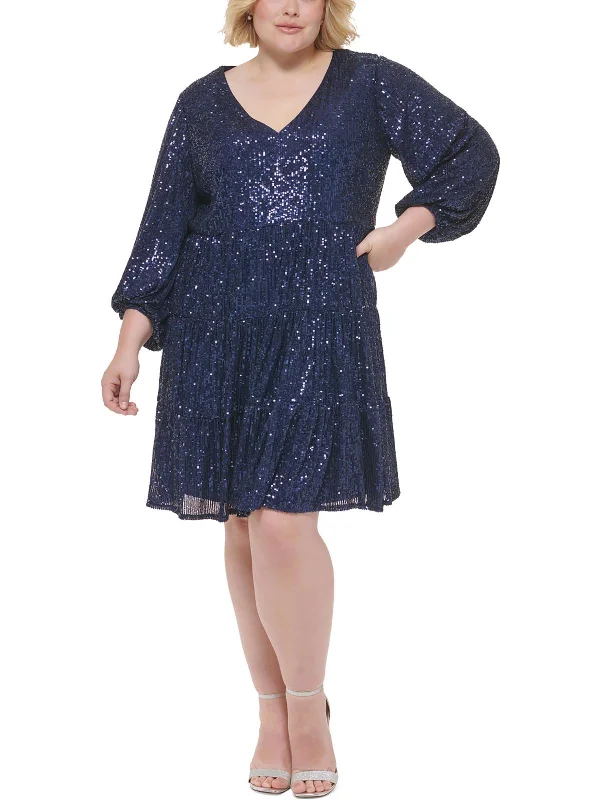Instant Discount Plus Womens Mesh Sequined Cocktail and Party Dress