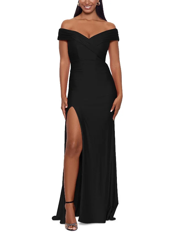 Bargain Bin Womens Split Hem Off The Shoulder Evening Dress