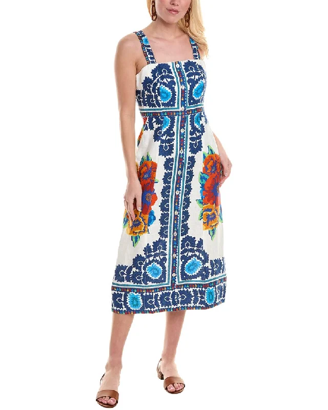 Clearance Items FARM Rio Flower Tapestry Button Front Linen Midi Dress