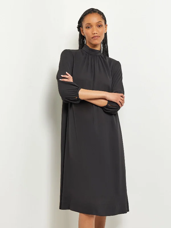 Super Bargain Pleated Mock Neck Crepe de Chine A-Line Dress