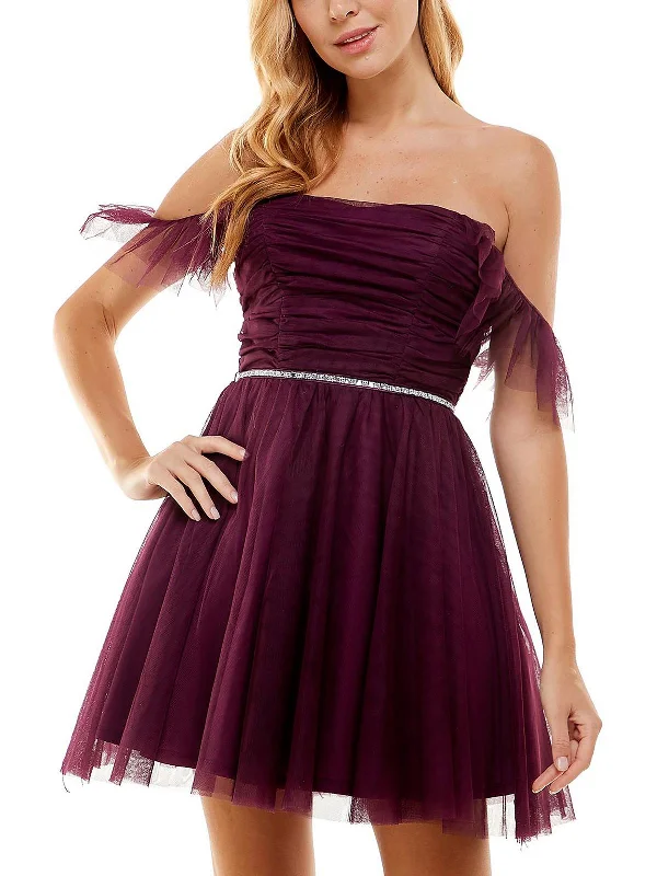 Get It Before It’s Gone Juniors Womens Mesh Ruched Fit & Flare Dress