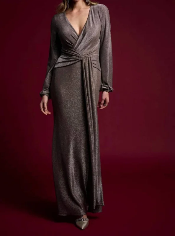 Savings Galore Glittery Long Sleeve Evening Dress In Taupe