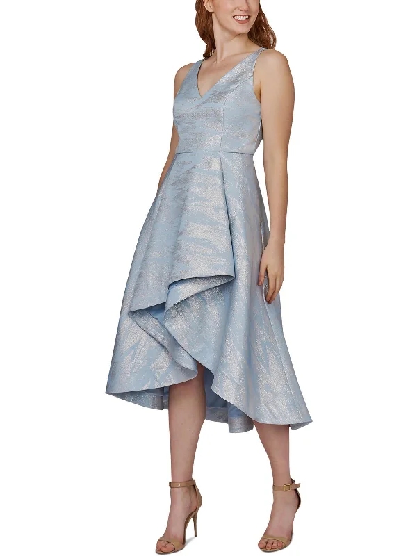 Price Meltdown Petites Womens Metallic Hi-Low Fit & Flare Dress