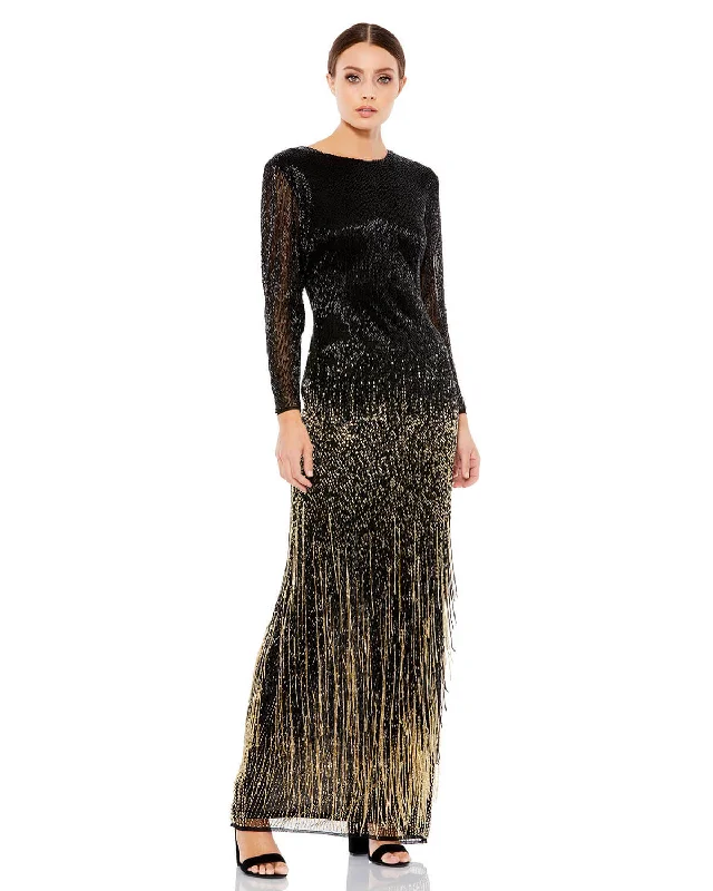 Savings Alert Long Sleeve Beaded Fringe Evening Gown