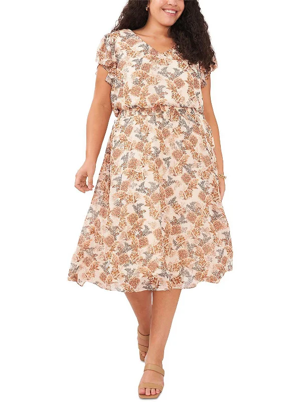 Quick Sale Plus Womens Chiffon Smocked Fit & Flare Dress