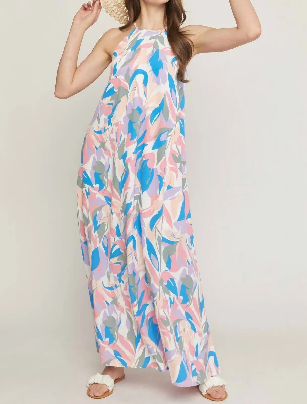 Discount Extravaganza High Neck Sleeveless Maxi Dress In White Print