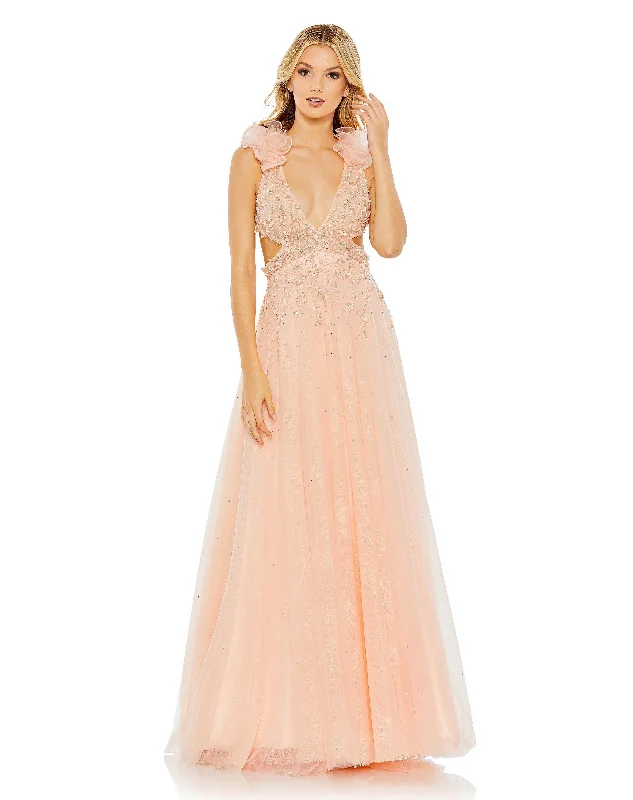 Discount Extravaganza Embellished Ruffle Shoulder Cut Out A Line Gown