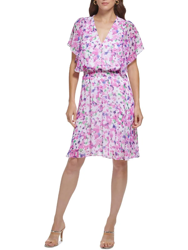 Weekend Deal Womens Chiffon Smocked Fit & Flare Dress