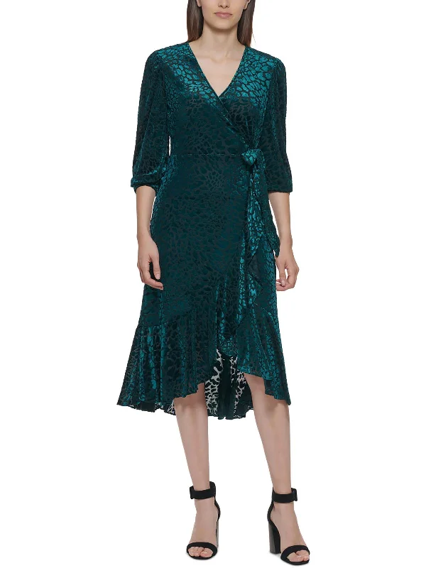 Weekend Flash Sale Petites Womens Velvet Burnout Mid-Calf Wrap Dress