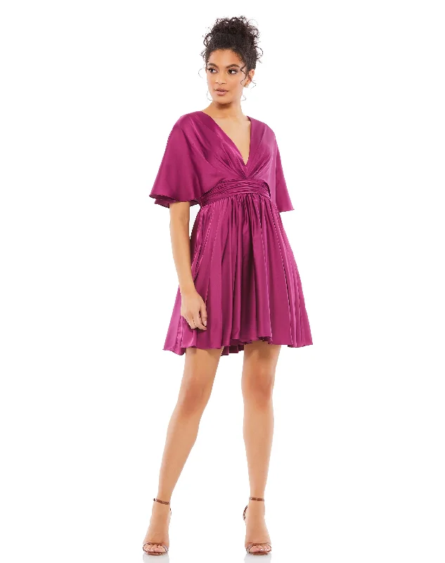Super Sale Satin Flowy Cape Sleeve Mini Dress