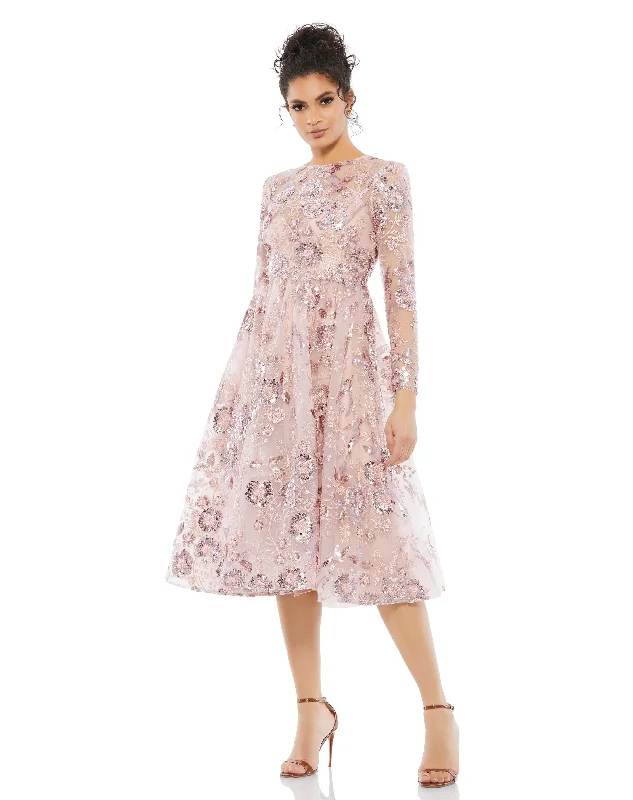 Discount Mania Embellished Illusion Long Sleeve Midi Dress