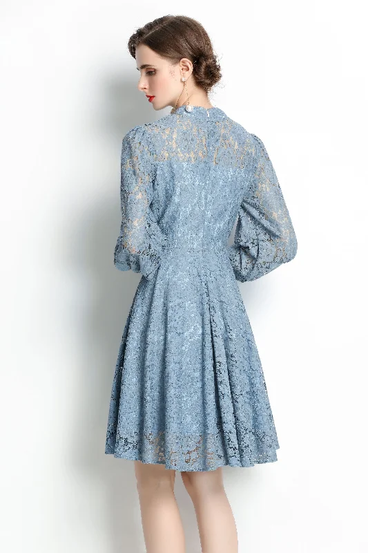 Best Seller Blue Evening A-line Crewneck Long Sleeve Above Knee Lace Dress