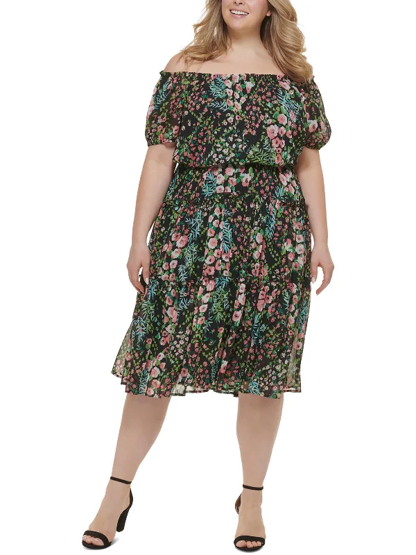 Mega Sale Plus Womens Floral Off The Shoulder Fit & Flare Dress