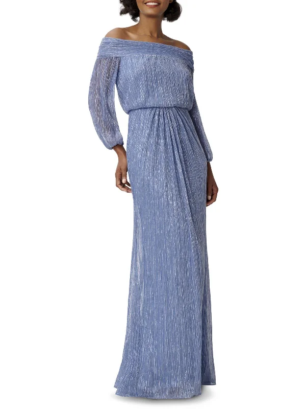 Markdowns Womens Metallic Off-The-Shoulder Evening Dress