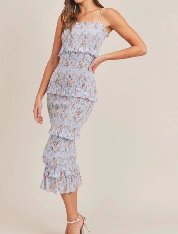 Grand Opening Sale Asher Floral Smocked Midi Dress in Blue Floral