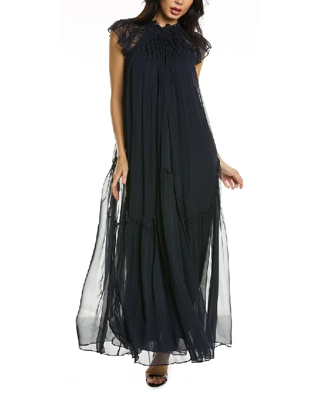 Price Smash Rebecca Taylor Smocked Chiffon Silk Maxi Dress