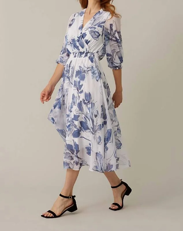 Inventory Reduction Wrap Front Floral Dress In Blue/Vanilla