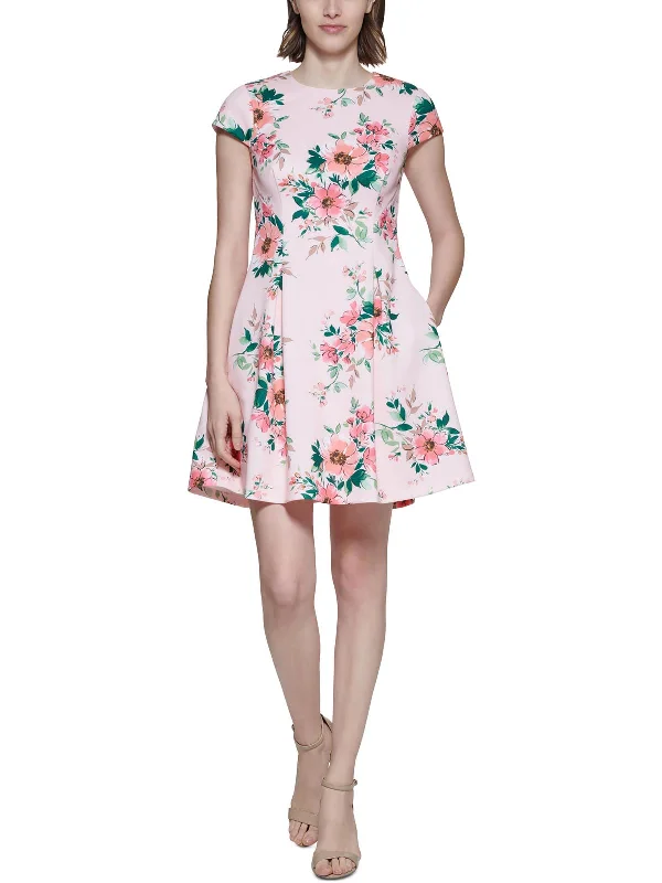 New Markdowns Petites Womens Floral Print Mini Fit & Flare Dress