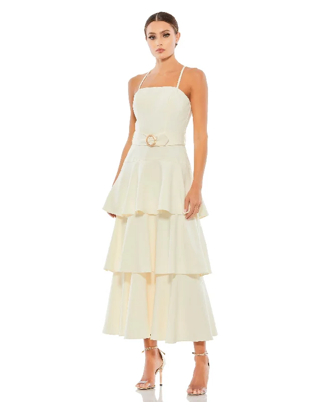 Markdown Madness Belted Tiered Ruffle Sleeveless Midi Dress