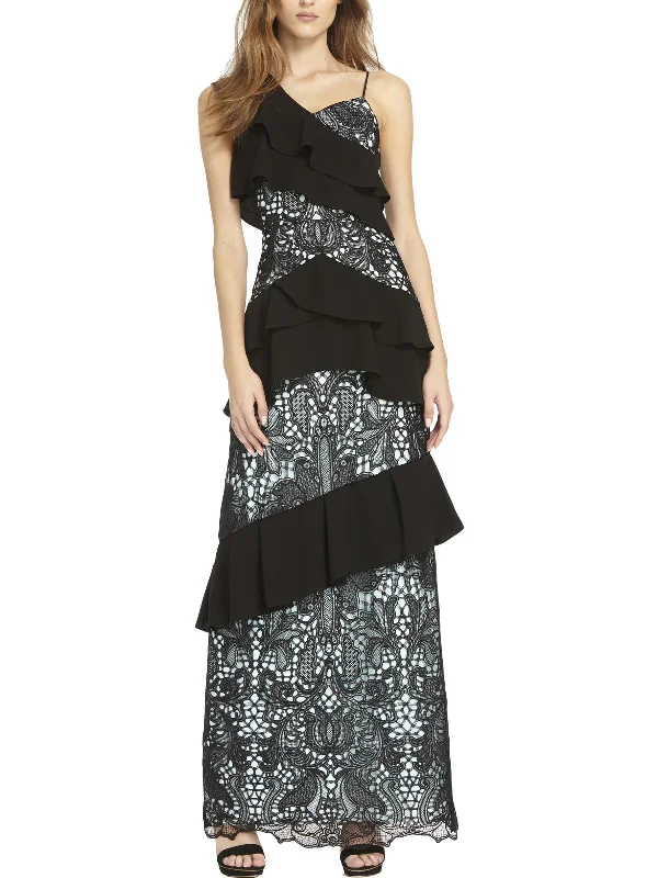 Buy Now Womens Mixed Media Cascade Ruffle Evening Dress