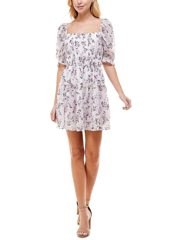 Huge Discounts Juniors Womens Floral Print Ruffled Mini Dress