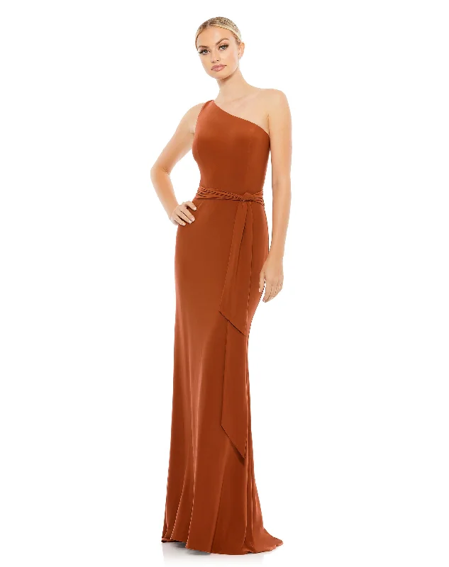 Closeout Sale Jersey One Shoulder Belted Trumpet Gown
