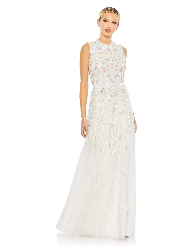 Price Slash Embellished High Neck Sleeveless Ruffled Gown