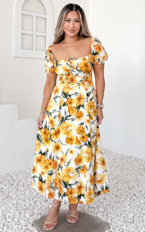 Deal Explosion Kiaya Midi Dress - Yellow Floral