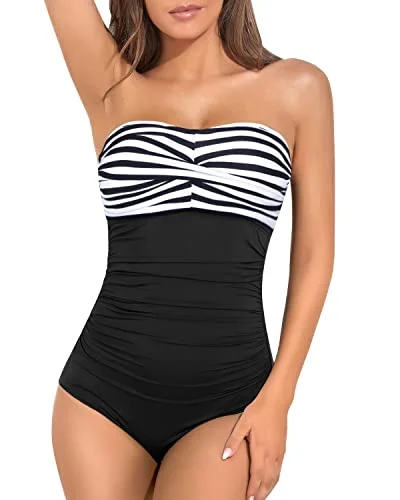 Daily Deals Ruched Women's Strapless One Piece Swimsuit Bandeau Bathing Suits-Black And White Stripe