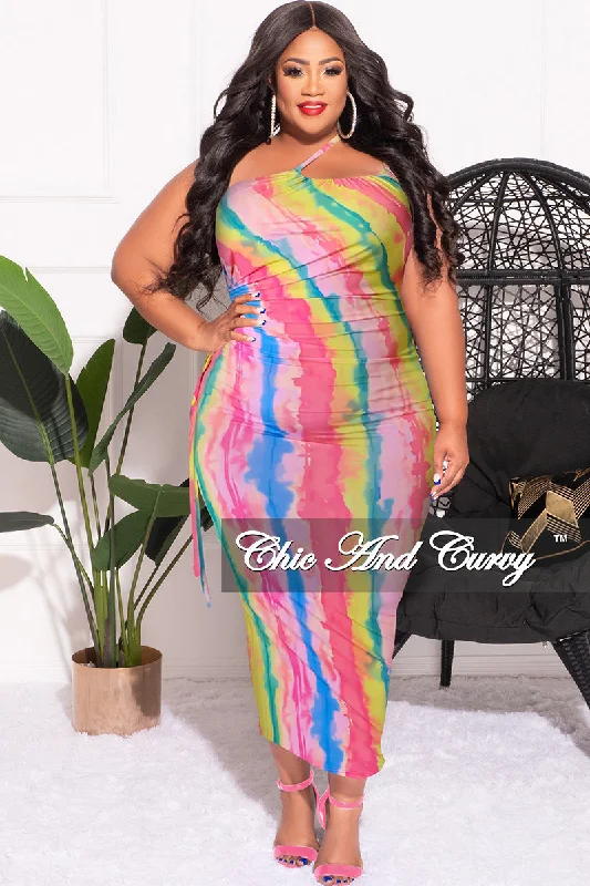 Mega Deal Final Sale Plus Size Double Strap BodyCon Dress with Cutout Side in Pink Multi Color Tie Dye Print Mega Deal Final Sale Plus Size Double Strap BodyCon Dress with Cutout Side in Pink Multi Color Tie Dye Print