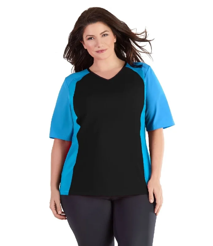 YEAR-End Sale QuikEnergy Lite Swim and Beach Short Sleeve Top Black and Turq