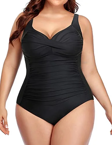 Discount Deals Twist Front Tummy Control Bathing Suits For Women Plus Size-Black