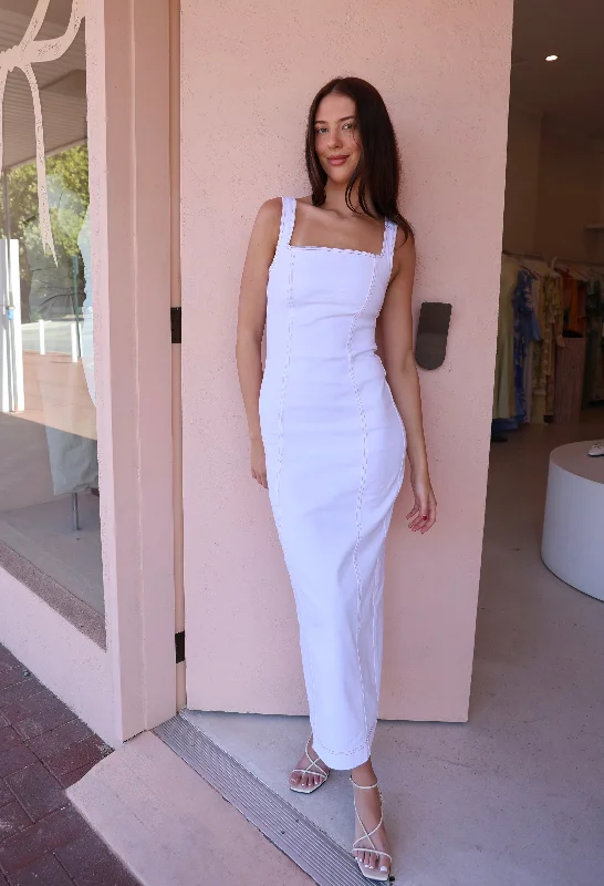 Bargain Prices New Romantics Brooks Denim Panelled Maxi Dress in Ivory