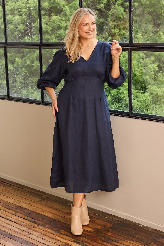Special Savings Farrah Long Sleeve Linen Dress in Navy