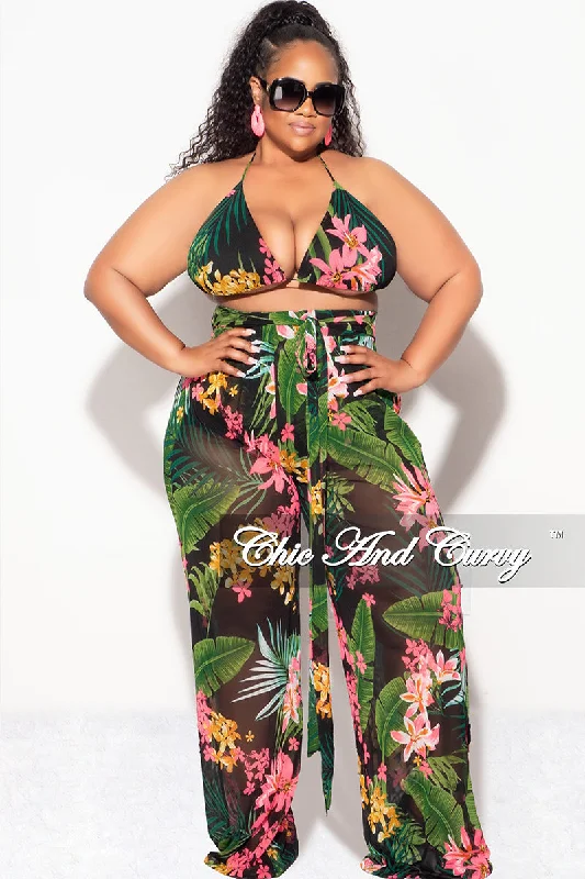 Unbeatable Prices Final Sale Plus Size 3pc Poolside Playsuit (Bikini Top, High Waist Bottoms & Pants) Set in Black & Pink Floral Print Queen