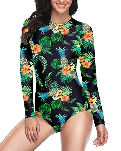 Value Deals Womens Zipper Surfing Swimsuit Upf 50 Rash Guard Long Sleeve Swimsuit-Black Pineapple