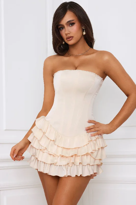 Best Seller Bandeau Ruffled Tiered Corset Mini Dress in Ivory